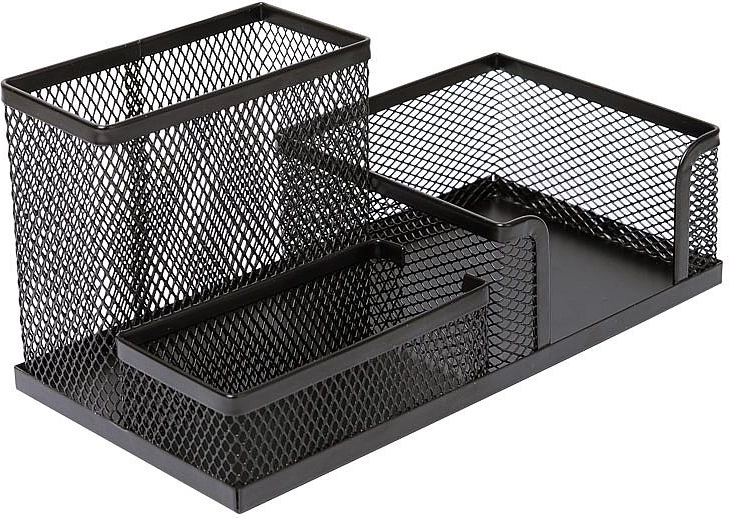 Metalowy organizer biurkowy z kostką na notatki, czarny