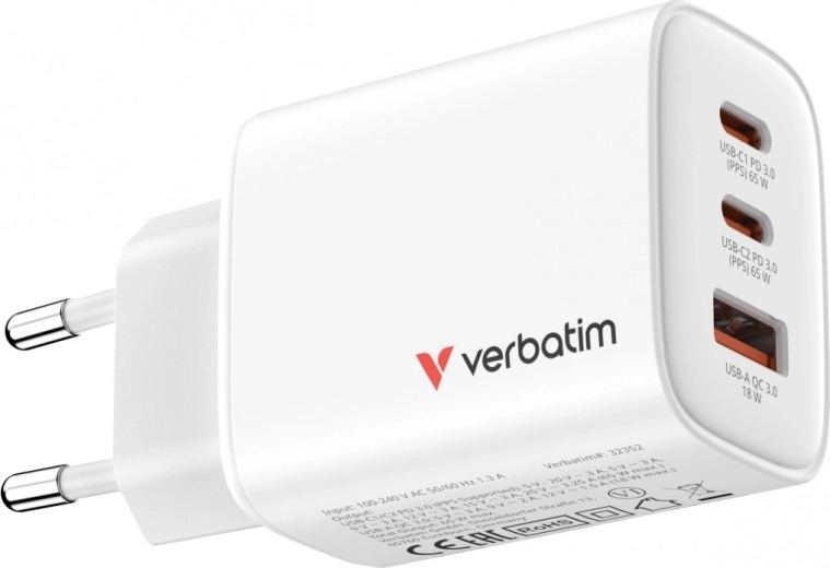Verbatim Essentials ładowarka GaN 65 W (2× USB-C PD 3.0 + 1× USB-A QC 3.0), EU, biała