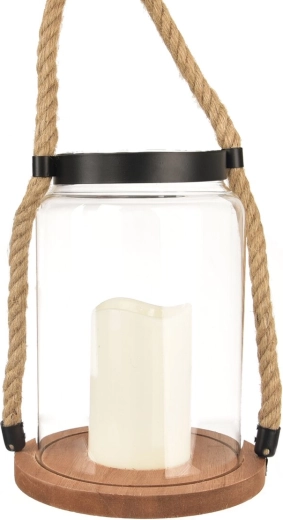 Brązowy szklano-drewniany świecznik LED (latarenka) 23 cm