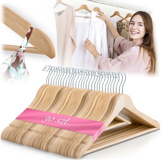 Massido drewniane wieszaki na ubrania z naturalnego drewna, zestaw 30 szt.