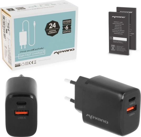 Ładowarka sieciowa Movano GaN 30 W (USB‑C PD + USB‑A), czarna