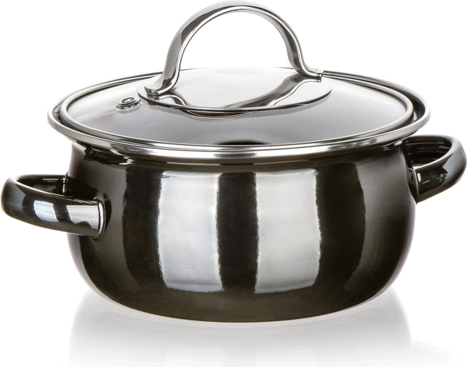 Emaliowany garnek ze szklaną pokrywką 14 cm, 0,7 l, Metallic Black