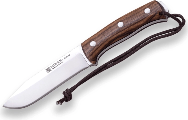 Joker Nomad nóż bushcraft z głownią stałą 12,7 cm, drewno orzechowe, skórzana pochwa i krzesiwo