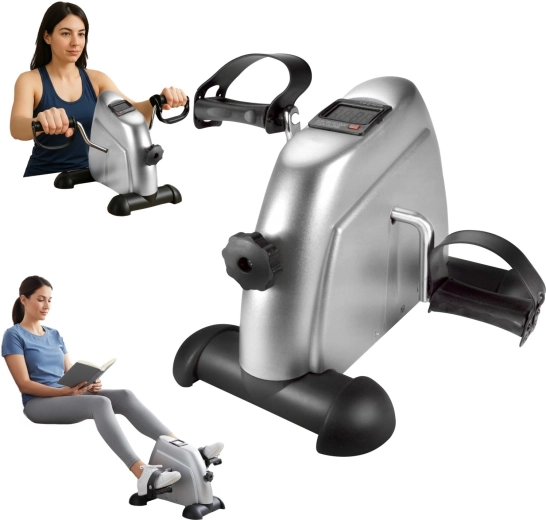 Kompaktowy rehabilitacyjny mini rowerek treningowy 2w1 z regulacją oporu i LCD, srebrny
