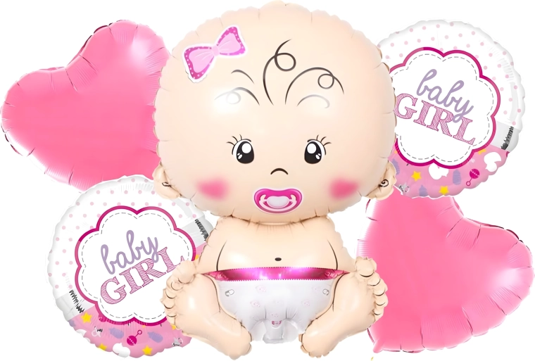 Baloniki na baby shower dla dziewczynki – zestaw 5 szt. z gwiazdkami i motywem niemowlęcia