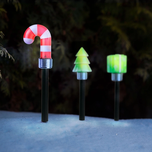 Świąteczna solarna lampa LED w kształcie prezentu, choinki lub laski cukrowej – 1 sztuka