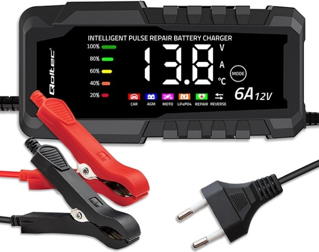 Mikroprocesorowa ładowarka 12 V 6 A z funkcją naprawy do akumulatorów AGM, GEL i LiFePO4 z LCD