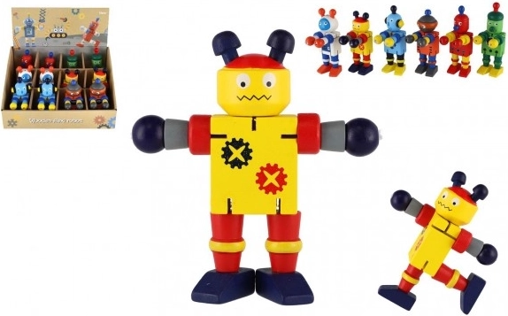 Drewniany robot 12 cm – zestaw 6 kolorowych wariantów