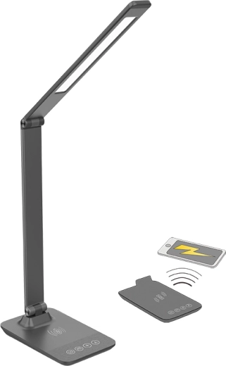 Solight LED ściemnialna lampka biurkowa z ładowaniem bezprzewodowym 10 W, regulacją barwy światła, szara