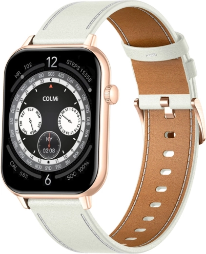 Smartwatch COLMI C28 złoty z białym skórzanym paskiem