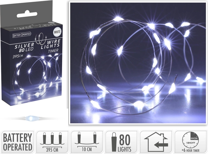 Świąteczny łańcuch świetlny LED 3,95 m, 80 LED, zimna biel, na baterie z timerem - 1 szt.