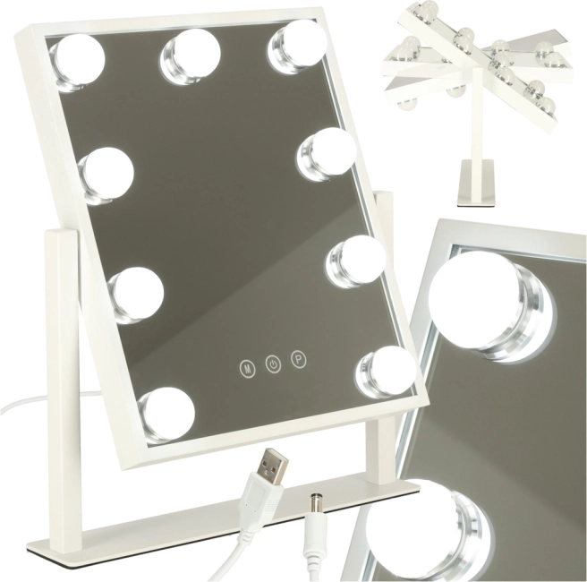 Kosmetyczne lustro do makijażu z podświetleniem LED, 9 żarówek, USB, 25 × 30 cm
