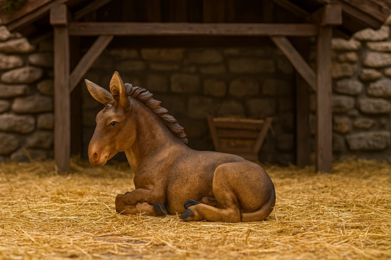 Figurka leżącego osiołka do szopki 34 cm z polyresinu