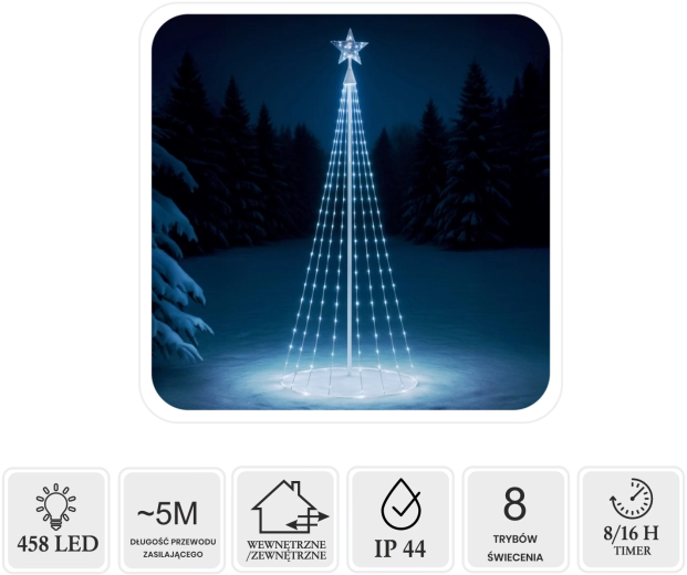 Stożkowa choinka LED z gwiazdą 3 m, 458 LED, zimna biel, do użytku wewnętrznego/zewnętrznego