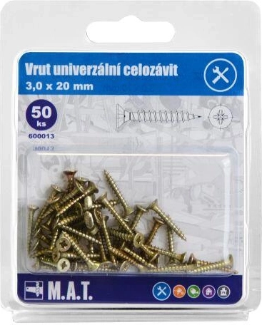 Uniwersalne wkręty z pełnym gwintem 3,0 × 20 mm, ocynkowane, 50 szt.