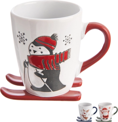 Świąteczny ceramiczny kubek 330 ml ze stojakiem w kształcie nart, mix wzorów