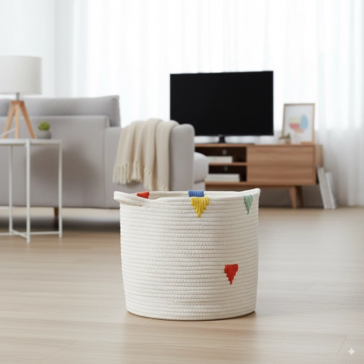 Okrągły tekstylny kosz na pranie i zabawki 27 × 24 cm – biały z kolorowym wzorem