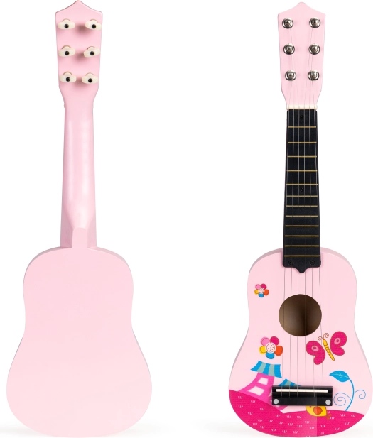 Dziecięca różowa drewniana gitara z metalowymi strunami ECOTOYS