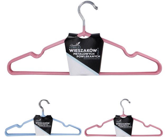Zestaw 8 metalowych wieszaków z powłoką PVC – różowy i niebieski