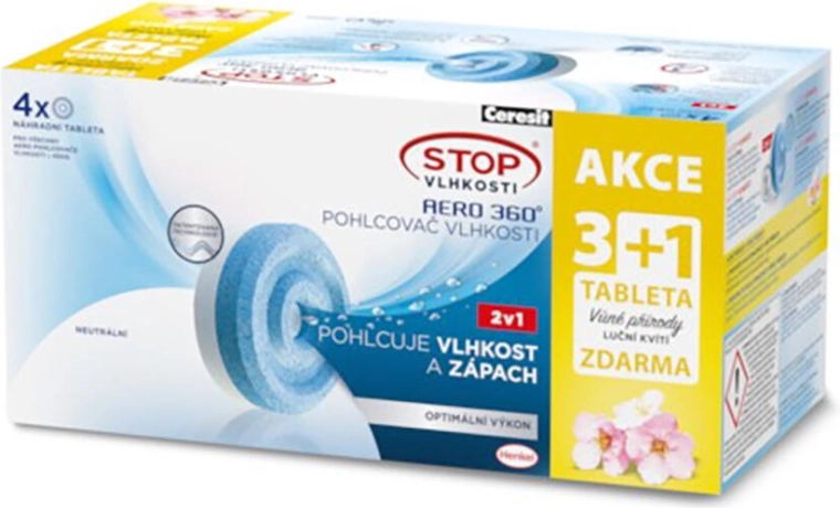 Wkłady do pochłaniacza wilgoci CERESIT AERO 360, 4×450 g, zapach kwiatów łąkowych