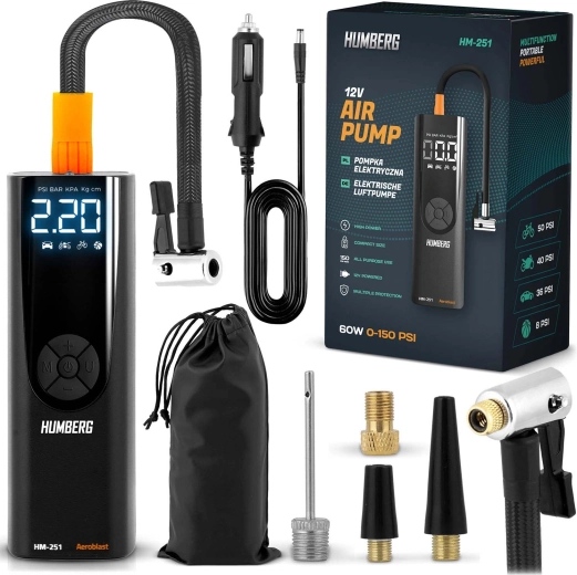 Elektryczny mini kompresor HUMBERG HM-251 – przenośna cyfrowa pompka samochodowa z lampką LED