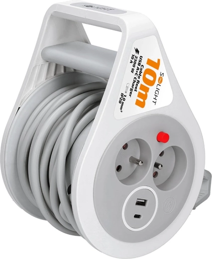 Solight przedłużacz na bębnie 10 m z USB-A i USB-C