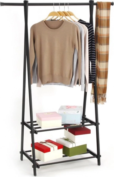 Metalowy stojak na ubrania z 2 półkami, czarny MODERNHOME