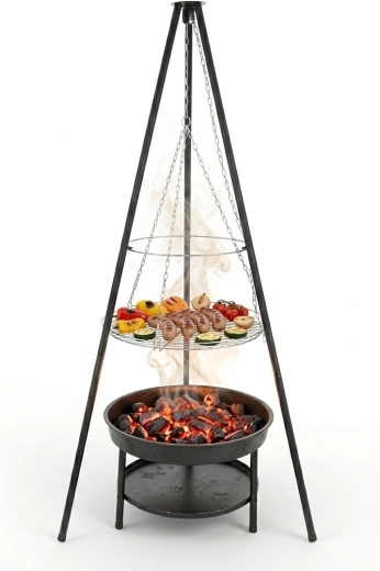 Duży wiszący grill ogniskowy na trójnogu 2w1