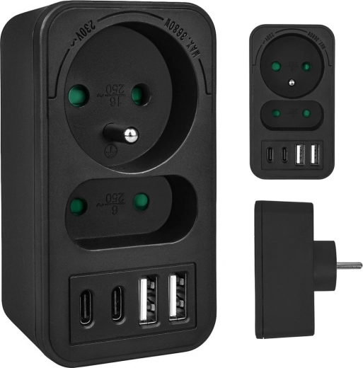 Rozgałęźnik do gniazdka z 1 schuko, 1 euro i 4× USB (2× USB‑A 18 W, 2× USB‑C PD 20 W)