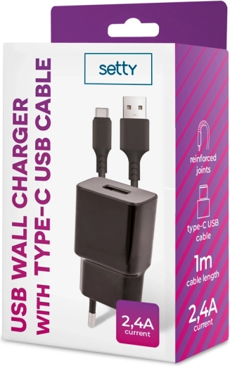 Setty ładowarka sieciowa 1× USB 2,4 A czarna + kabel USB‑C 1 m