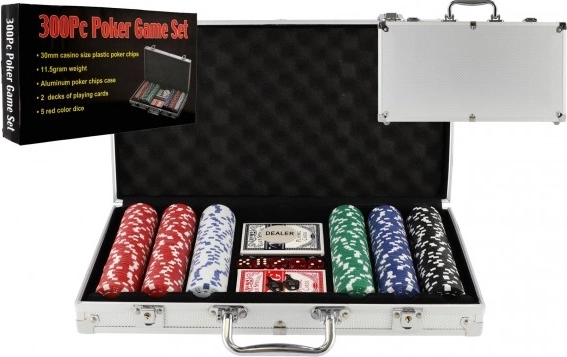 Zestaw pokerowy 300 żetonów w aluminiowej walizce z kartami i kośćmi