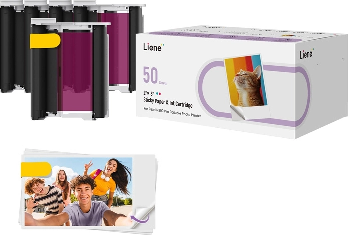 Liene papier fotograficzny 2×3" samoprzylepny, 50 arkuszy + 5 kaset z tuszem