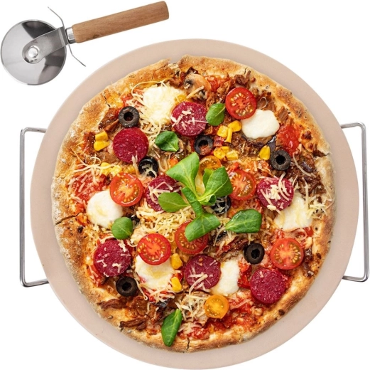Kamień szamotowy do pizzy ze stojakiem i nożem, zestaw 3‑częściowy