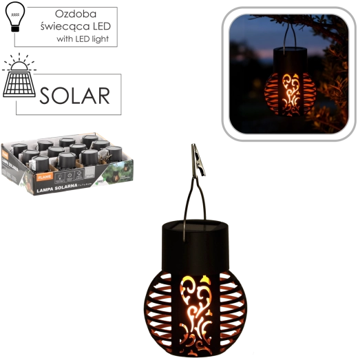 Solarny wiszący lampion z efektem płomienia, czarny, 7 × 7 × 9 cm