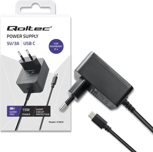 Ładowarka usb‑c 15 w do raspberry pi 4 z power delivery – czarna