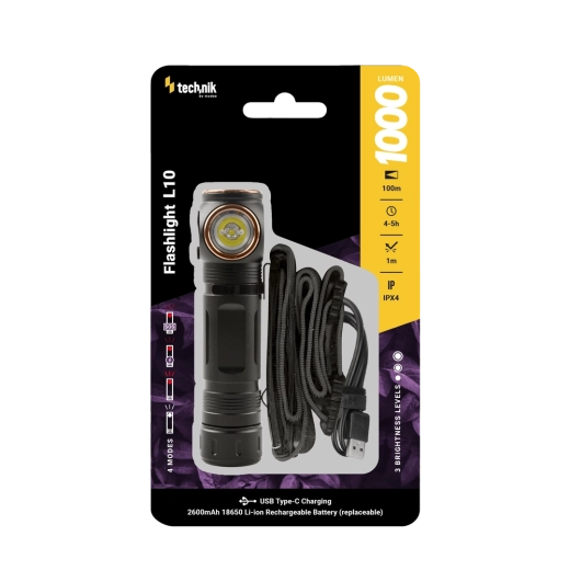 Latarka Technik L10 z USB‑C, 1000 lm, magnetyczna, pasek czołowy