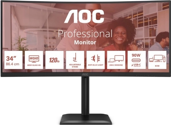AOC 34" zakrzywiony monitor CU34E4CV, 120 Hz, VA, HDMI/DP, RJ45, z regulacją wysokości, głośniki