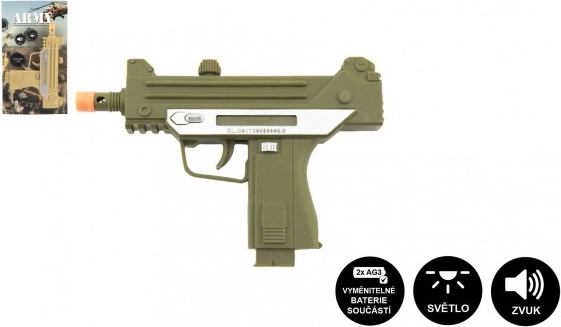 Pistolet maszynowy z plastiku 17,5 cm, na baterie, z dźwiękiem i światłem, 2 kolory na karcie