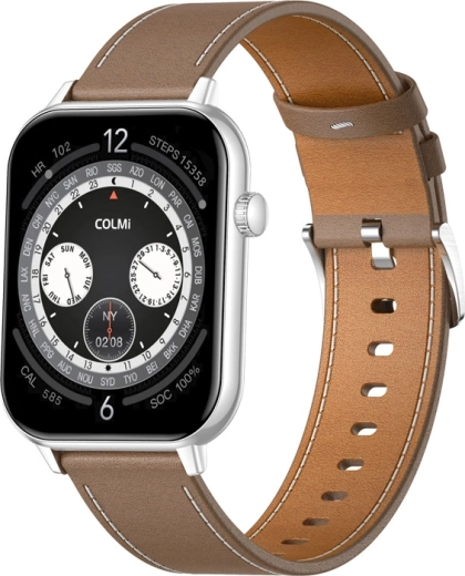 Smartwatch COLMI C28 srebrny z brązowym skórzanym paskiem