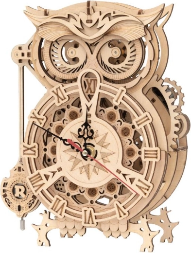 RoboTime Drewniane mechaniczne puzzle 3D Zegar Sowa