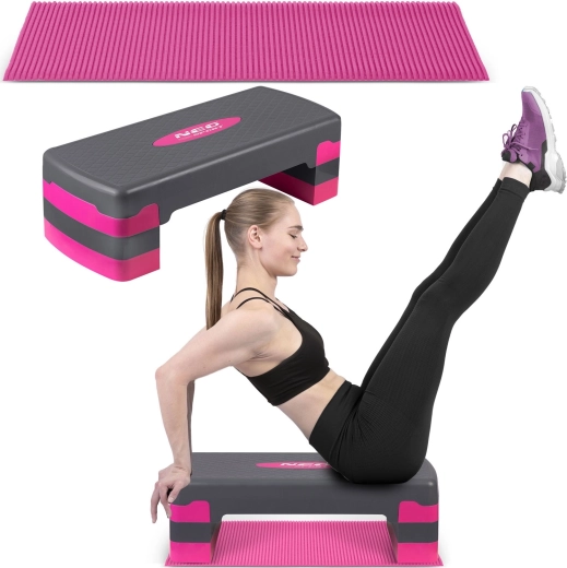 Step do aerobiku z 3 poziomami wysokości z matą antypoślizgową NEO-SPORT różowy