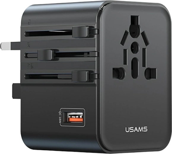 USAMS adapter podróżny i ładowarka 25 W 4 w 1 (US/AU/EU/UK) czarna
