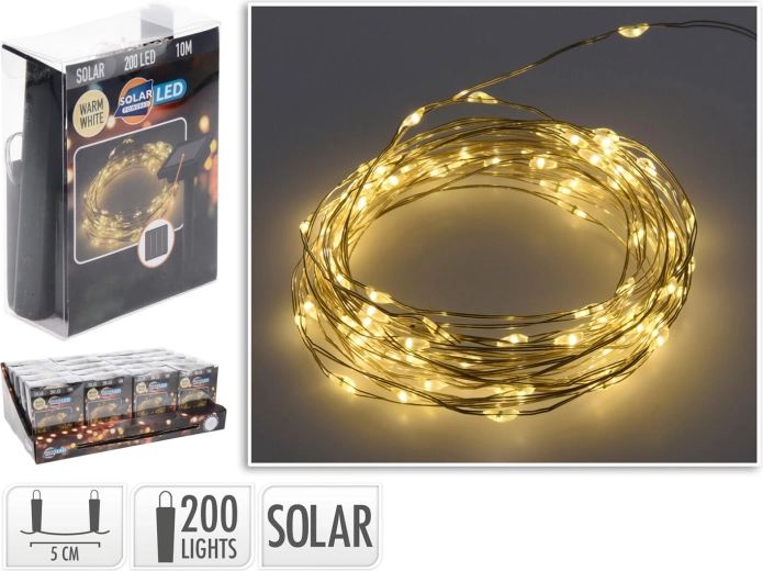 Solarny świąteczny łańcuch LED 10 m, 200 diod, ciepła biel