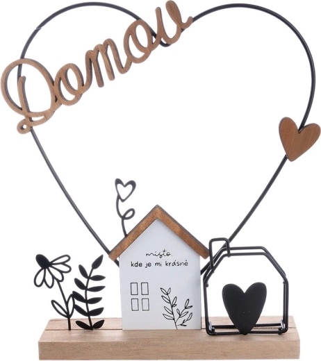 Drewniano-metalowy domek z sercem i napisem „Domov”