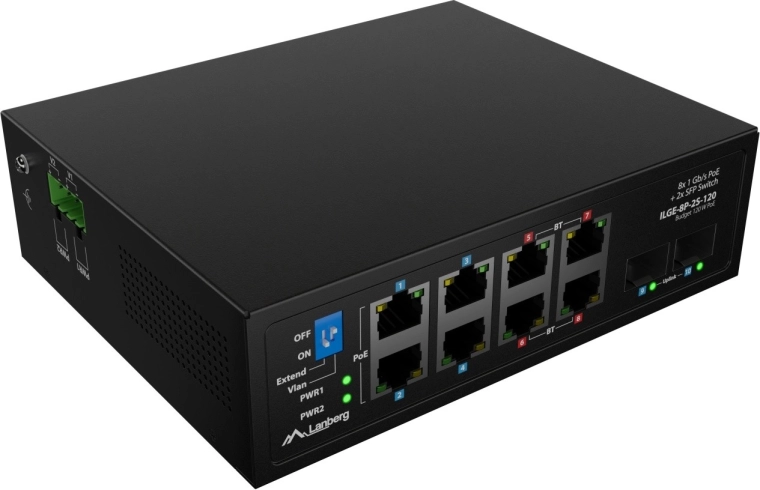 Lanberg ILGE-8P-2S-120 przemysłowy gigabitowy switch PoE++ na szynę DIN