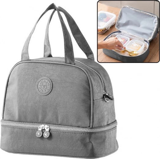 Szara torba termiczna na lunch z regulowanym paskiem 27 cm