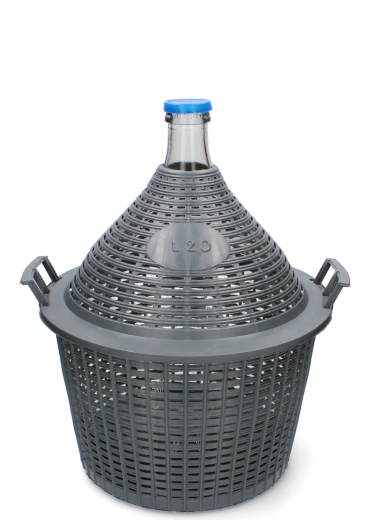 Szklany gąsior 20 l z plastikowym koszem
