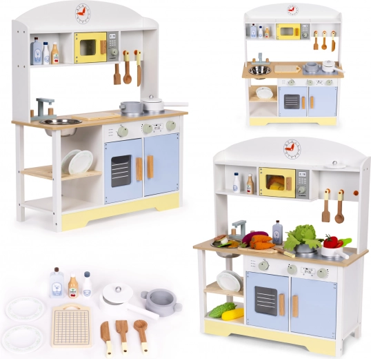 Drewniana dziecięca kuchnia z piekarnikiem, pralką i mikrofalówką ECOTOYS – 12 dodatków