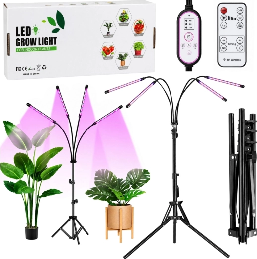 LED lampa do uprawy roślin ze statywem, 4 panelami i pilotem