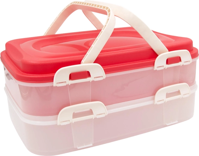 Pojemnik na żywność z zatrzaskami i rączkami, 2‑poziomowy, 40 × 30 × 18 cm, różowy